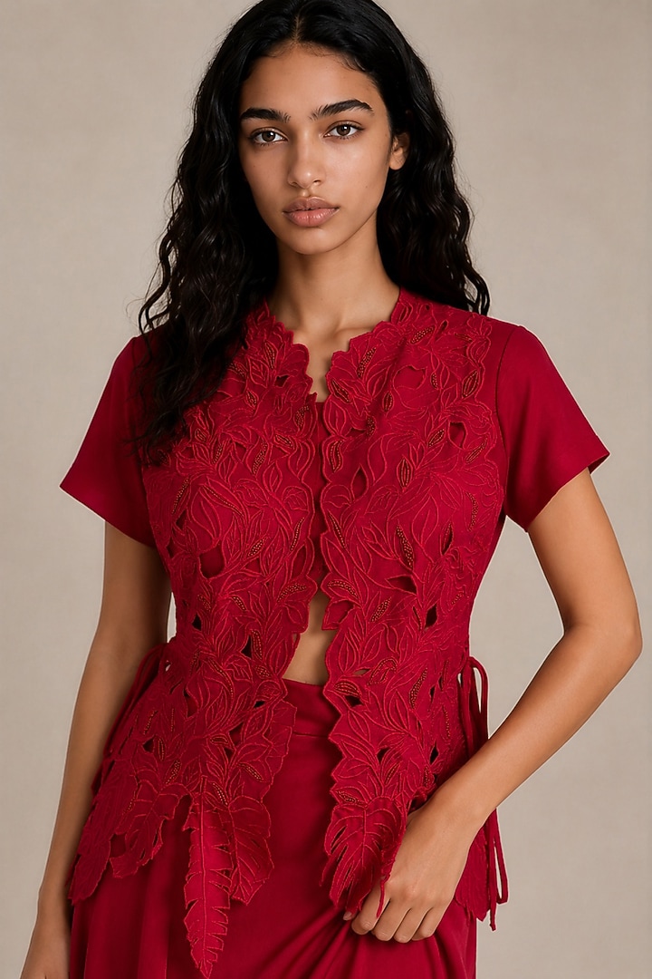 Red Bamberg Silk Asymmetric Skirt Set by Vanshika Agarwal Label at Pernia's Pop Up Shop