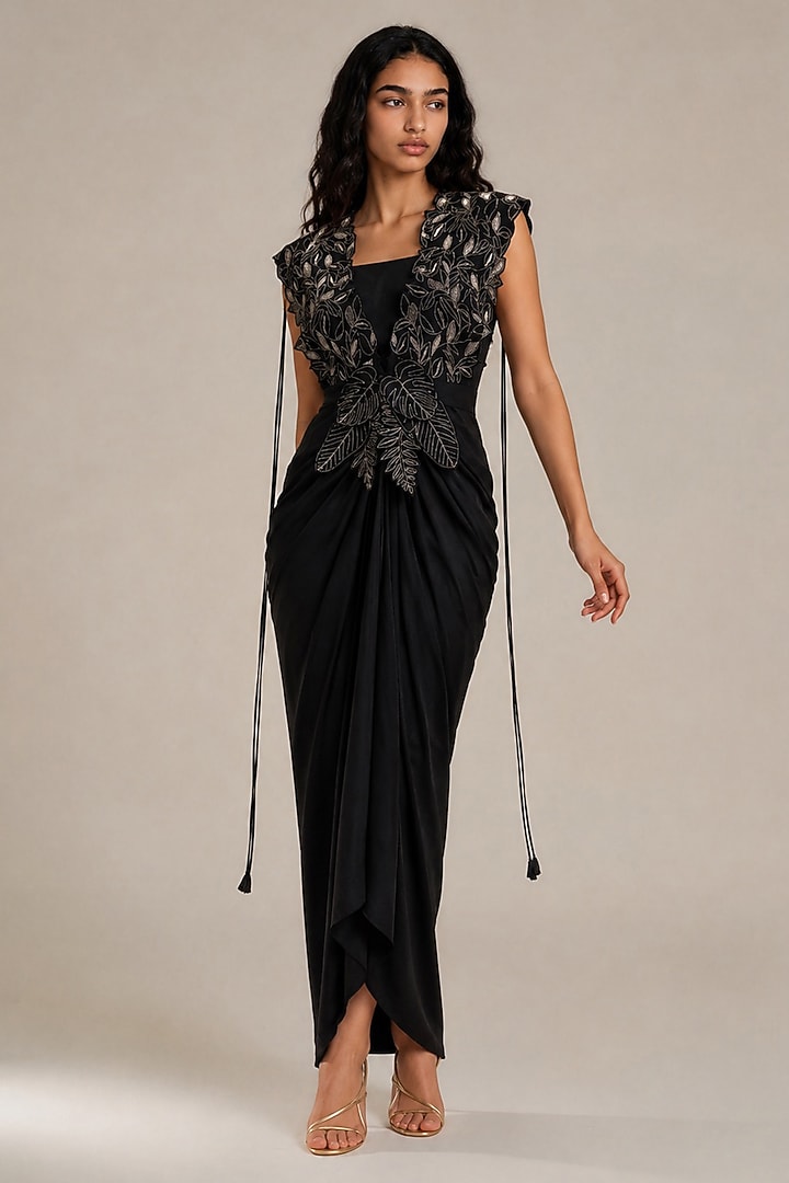 Black Satin Draped Vacation Dress With Overlay by Vanshika Agarwal Label at Pernia's Pop Up Shop