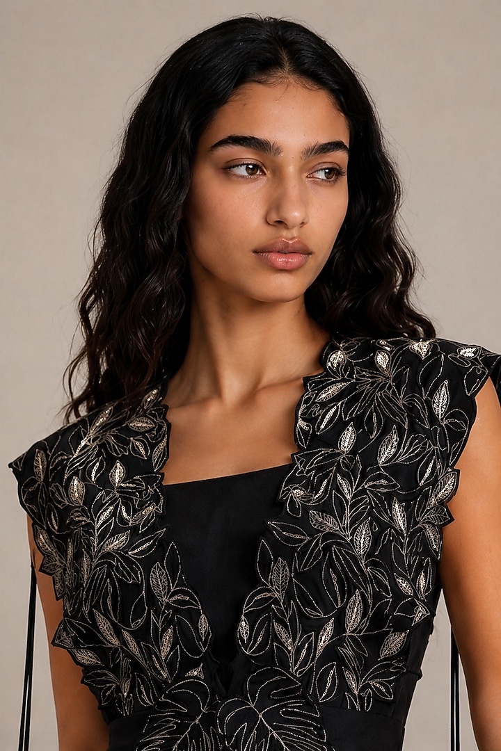 Black Satin Draped Vacation Dress With Overlay by Vanshika Agarwal Label at Pernia's Pop Up Shop