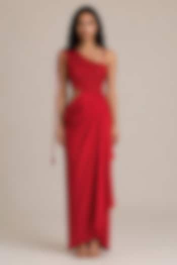 Red Satin Draped Vacation Dress by Vanshika Agarwal Label at Pernia's Pop Up Shop