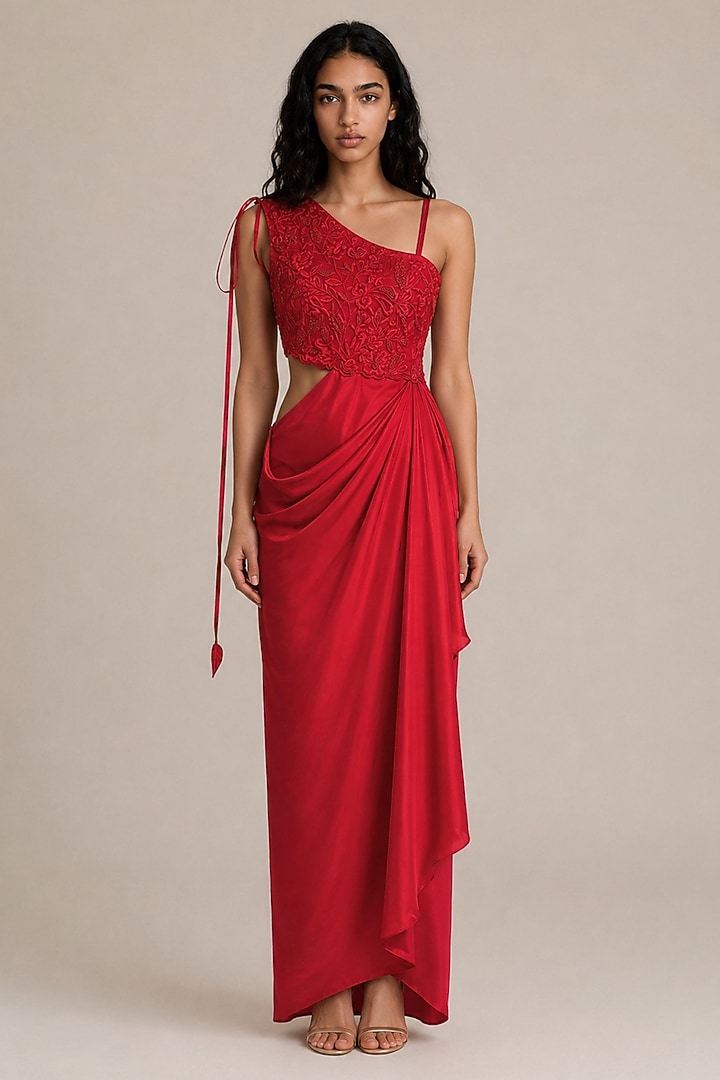 Red Satin Draped Vacation Dress by Vanshika Agarwal Label at Pernia's Pop Up Shop