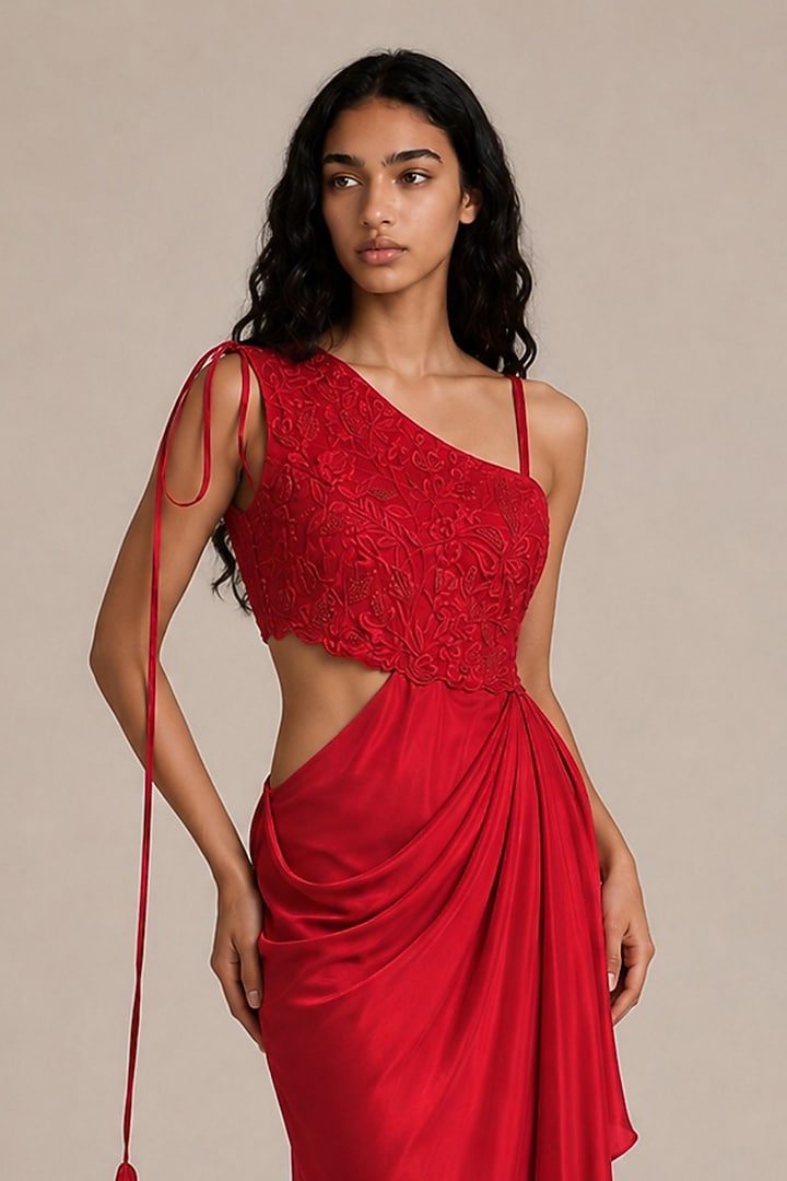 Red Satin Draped Vacation Dress by Vanshika Agarwal Label at Pernia's Pop Up Shop