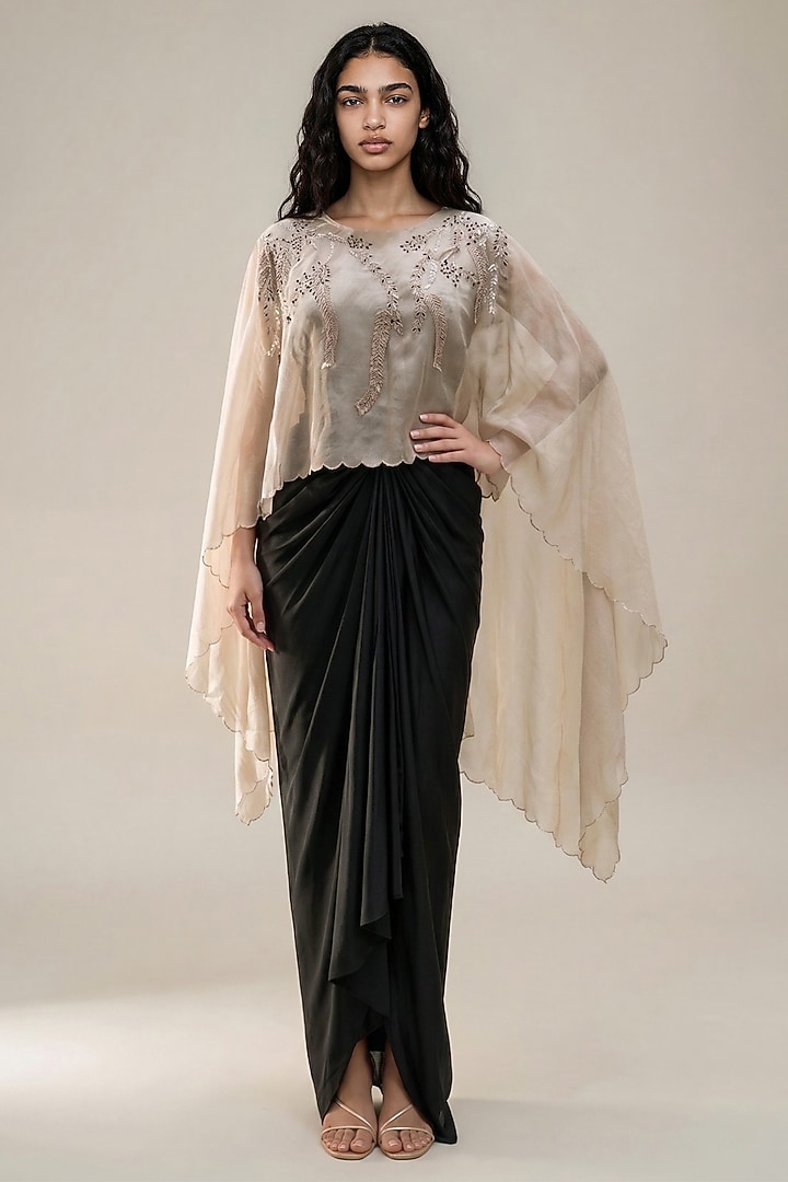 Black Satin Asymmetric Skirt Set by Vanshika Agarwal Label at Pernia's Pop Up Shop