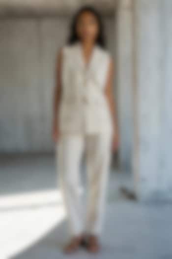 Beige Linen Cotton Pinstriped Co-Ord Set by Vanshika Agarwal Label at Pernia's Pop Up Shop