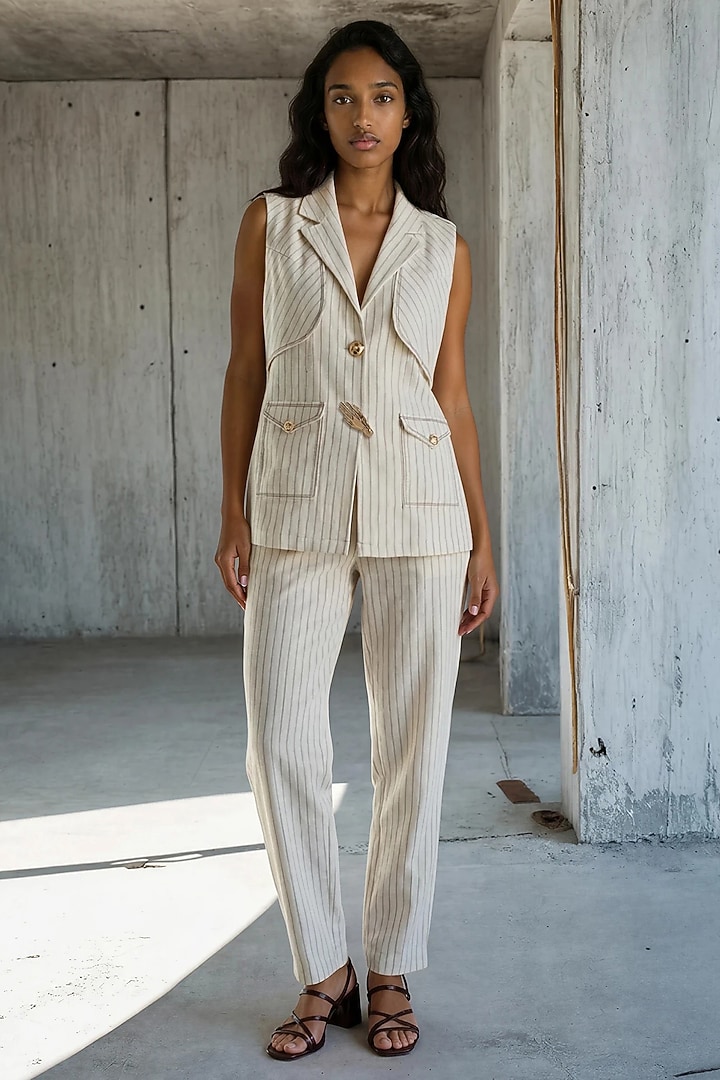 Beige Linen Cotton Pinstriped Co-Ord Set by Vanshika Agarwal Label at Pernia's Pop Up Shop