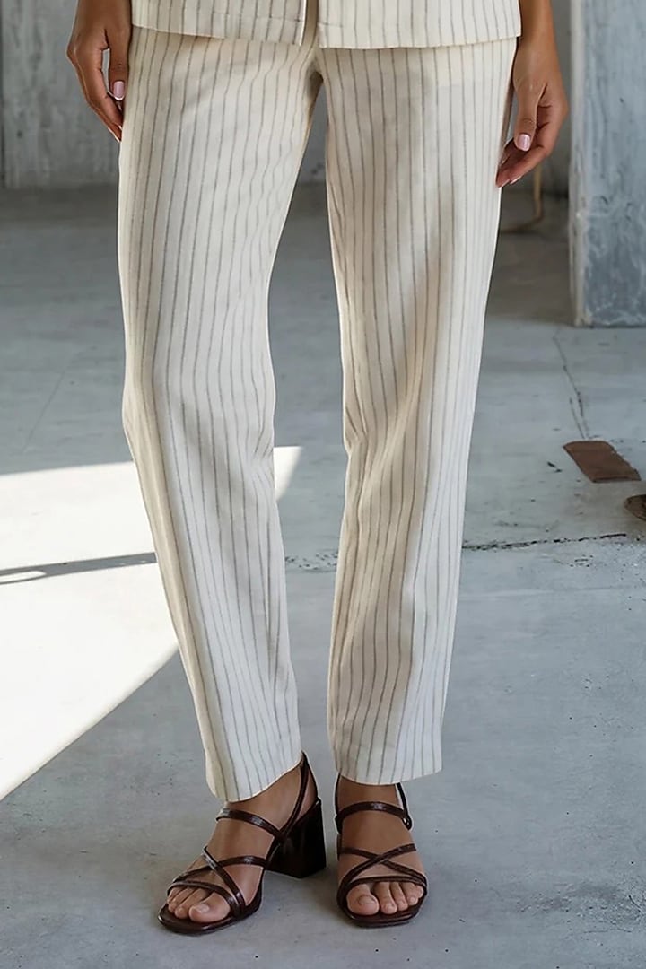 Beige Linen Cotton Pinstriped Co-Ord Set by Vanshika Agarwal Label at Pernia's Pop Up Shop
