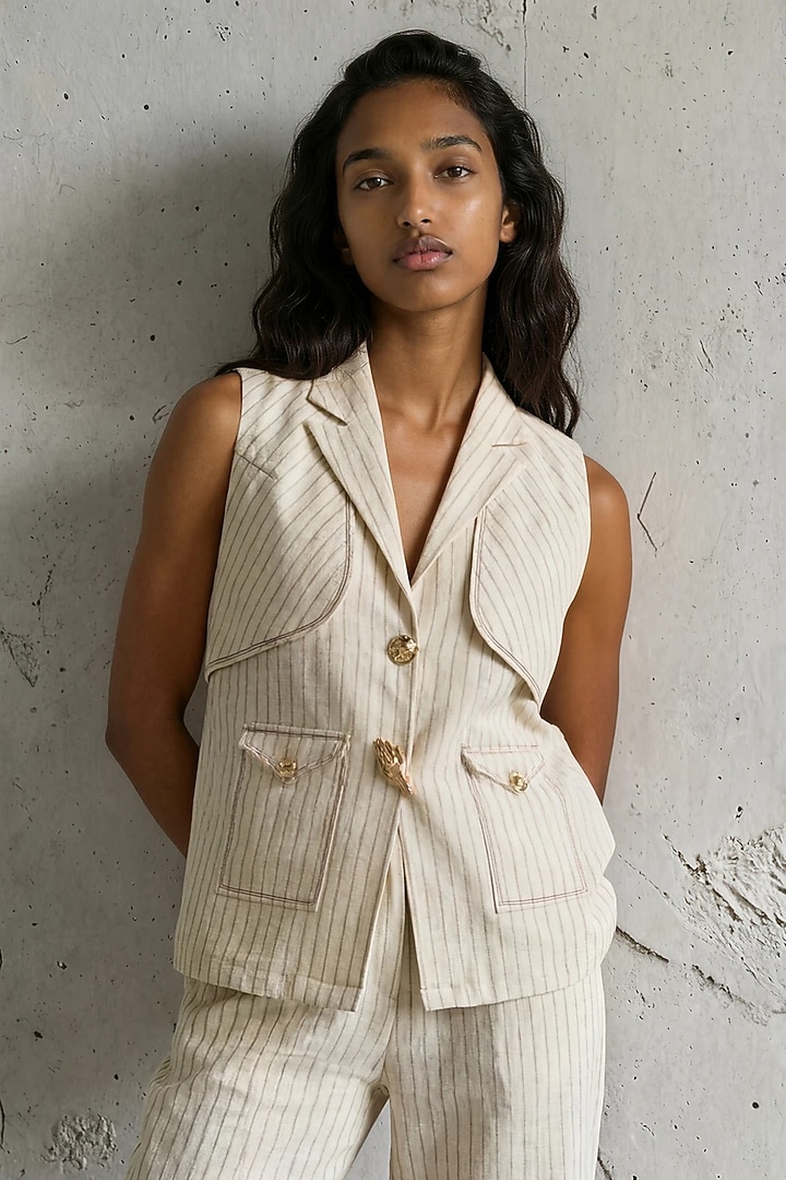 Beige Linen Cotton Pinstriped Co-Ord Set by Vanshika Agarwal Label at Pernia's Pop Up Shop