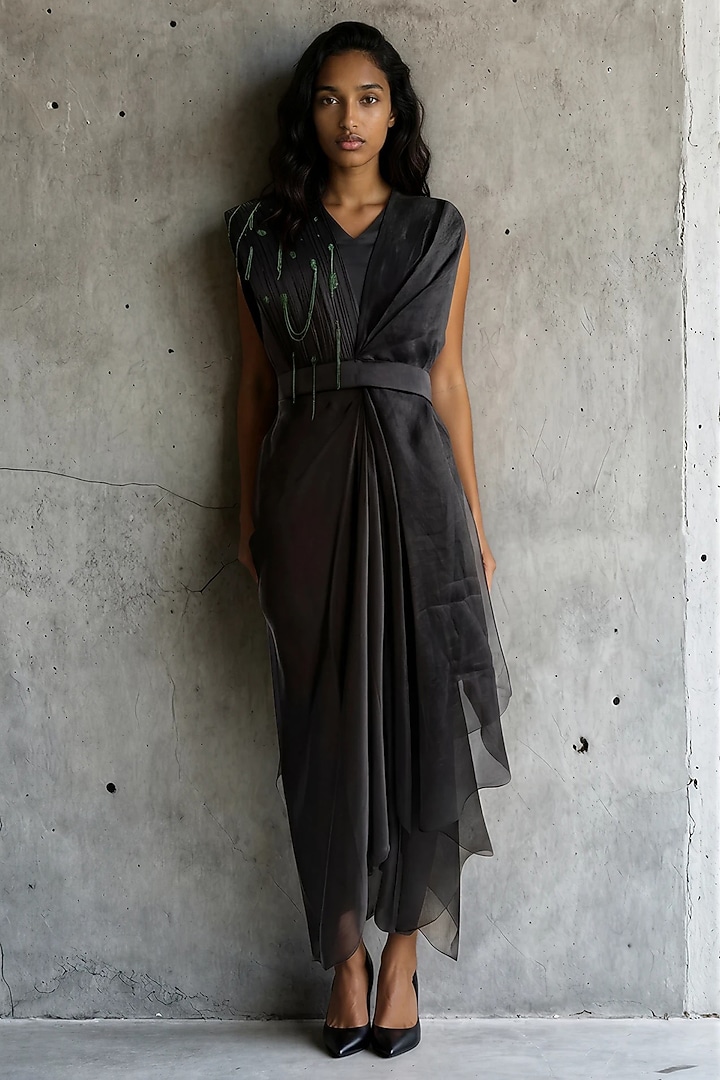 Black Organza & Satin Draped Skirt Set by Vanshika Agarwal Label at Pernia's Pop Up Shop