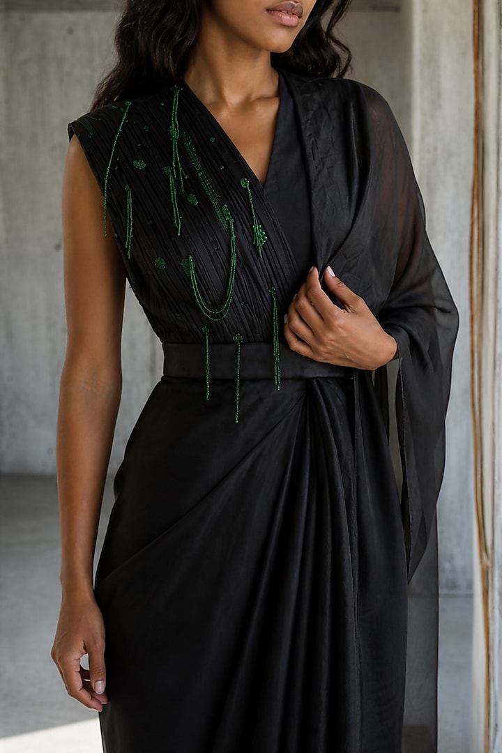 Black Organza & Satin Draped Skirt Set by Vanshika Agarwal Label at Pernia's Pop Up Shop