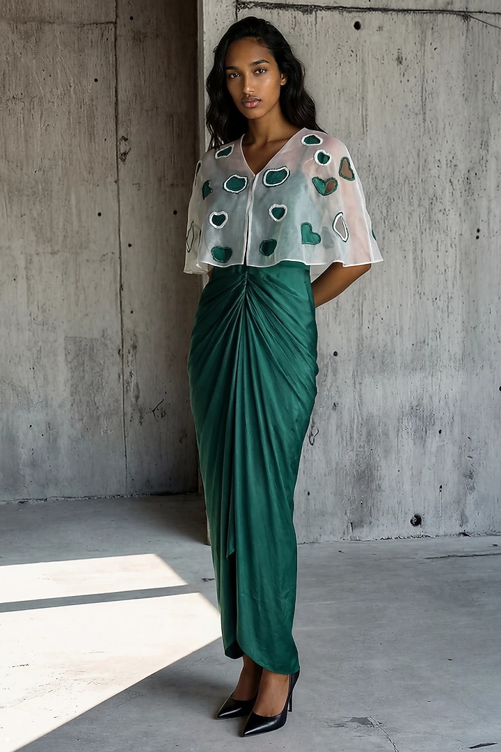 Deep Green Satin Draped Vacation Dress With Cape by Vanshika Agarwal Label at Pernia's Pop Up Shop