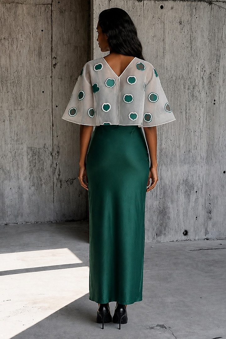 Deep Green Satin Draped Vacation Dress With Cape by Vanshika Agarwal Label at Pernia's Pop Up Shop
