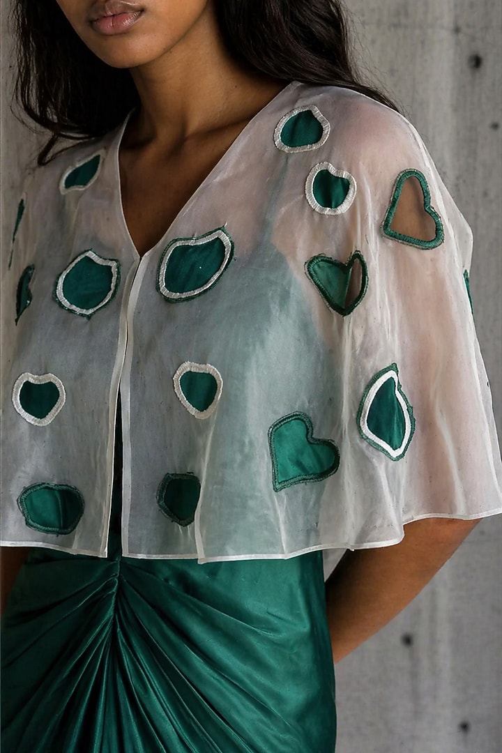 Deep Green Satin Draped Vacation Dress With Cape by Vanshika Agarwal Label at Pernia's Pop Up Shop