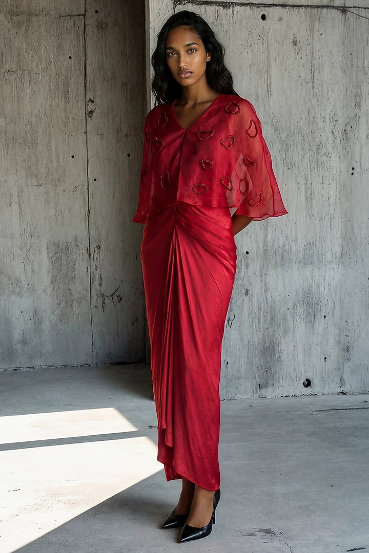 Red Satin Draped Vacation Dress With Cape by Vanshika Agarwal Label at Pernia's Pop Up Shop