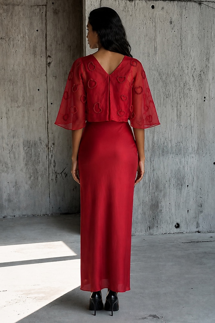 Red Satin Draped Vacation Dress With Cape by Vanshika Agarwal Label at Pernia's Pop Up Shop