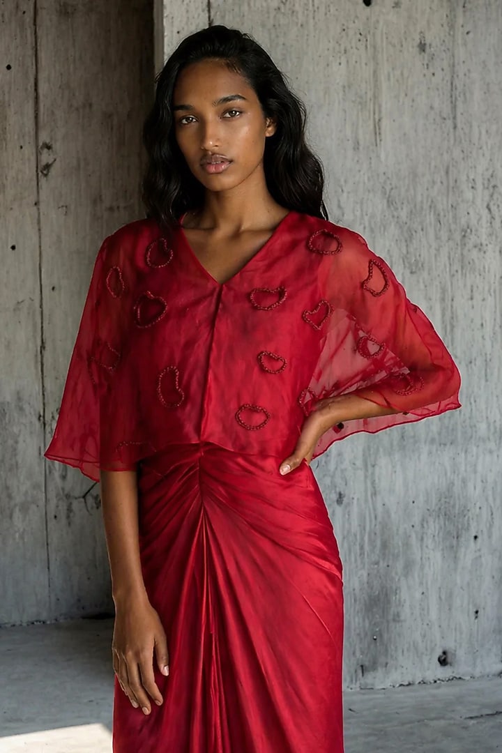 Red Satin Draped Vacation Dress With Cape by Vanshika Agarwal Label at Pernia's Pop Up Shop