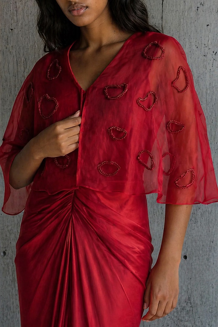 Red Satin Draped Vacation Dress With Cape by Vanshika Agarwal Label at Pernia's Pop Up Shop