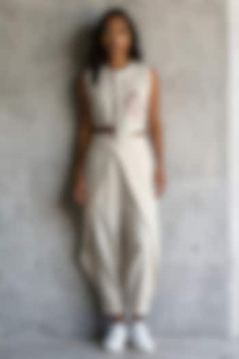 Beige Linen Cotton Hand Embroidered Co-Ord Set by Vanshika Agarwal Label at Pernia's Pop Up Shop
