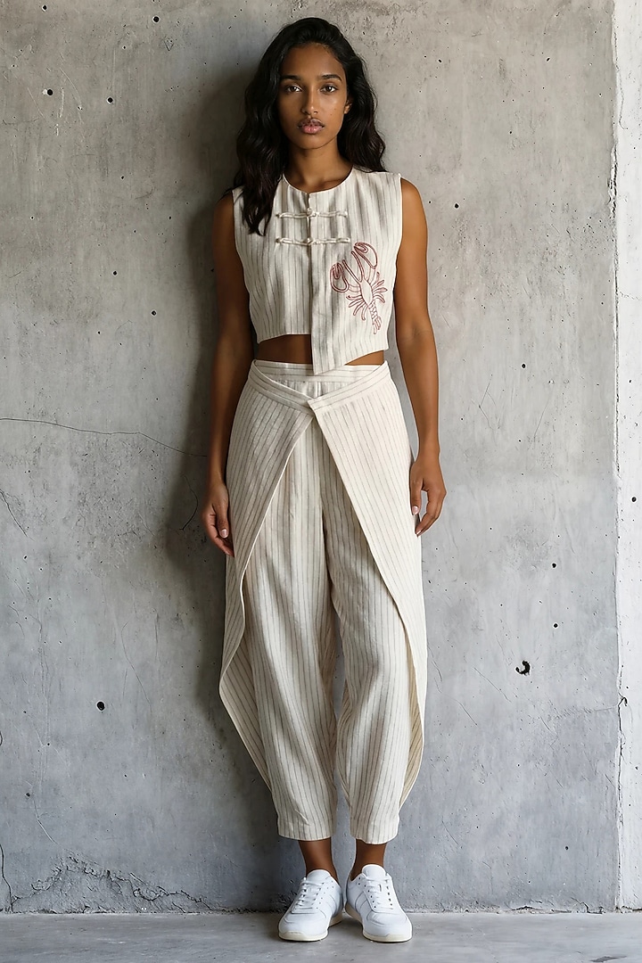 Beige Linen Cotton Hand Embroidered Co-Ord Set by Vanshika Agarwal Label at Pernia's Pop Up Shop