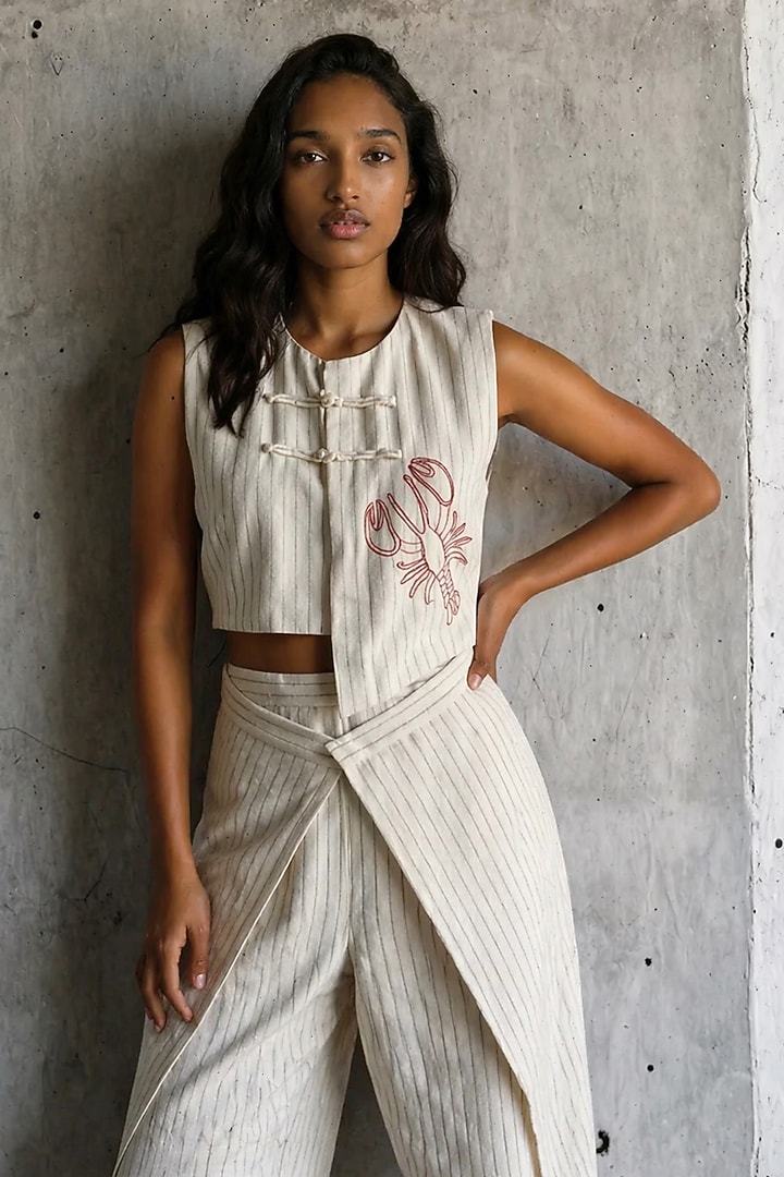 Beige Linen Cotton Hand Embroidered Co-Ord Set by Vanshika Agarwal Label at Pernia's Pop Up Shop