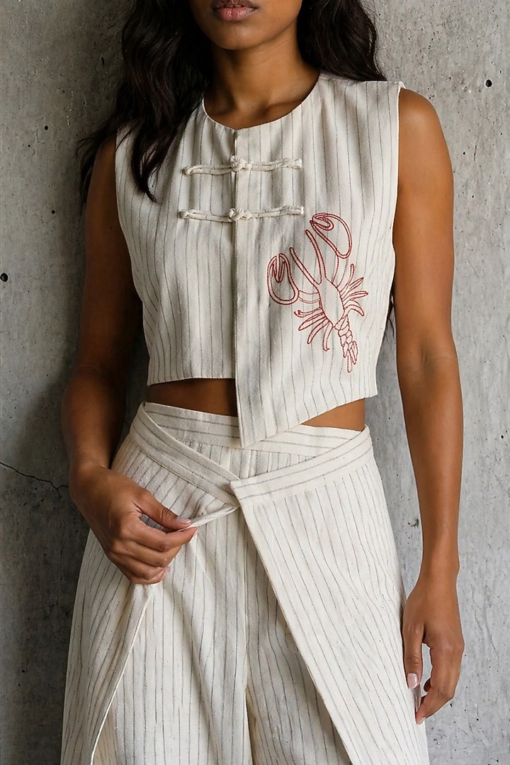 Beige Linen Cotton Hand Embroidered Co-Ord Set by Vanshika Agarwal Label at Pernia's Pop Up Shop