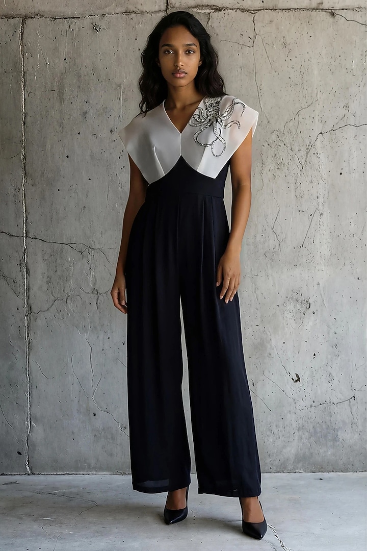 Black & White Double Georgette Hand Embroidered Jumpsuit by Vanshika Agarwal Label at Pernia's Pop Up Shop