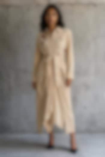 Beige Chanderi Hand Embroidered Draped Vacation Dress by Vanshika Agarwal Label at Pernia's Pop Up Shop