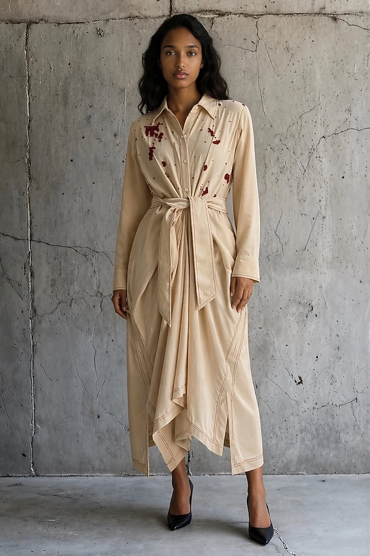 Beige Chanderi Hand Embroidered Draped Vacation Dress by Vanshika Agarwal Label at Pernia's Pop Up Shop