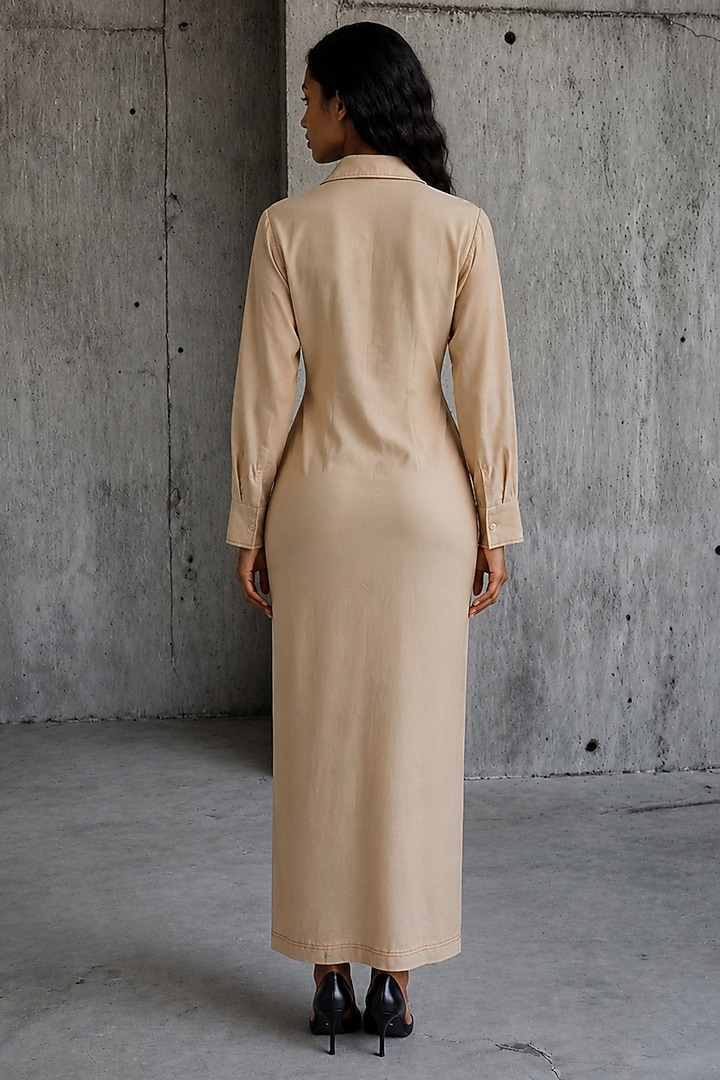 Beige Chanderi Hand Embroidered Draped Vacation Dress by Vanshika Agarwal Label at Pernia's Pop Up Shop