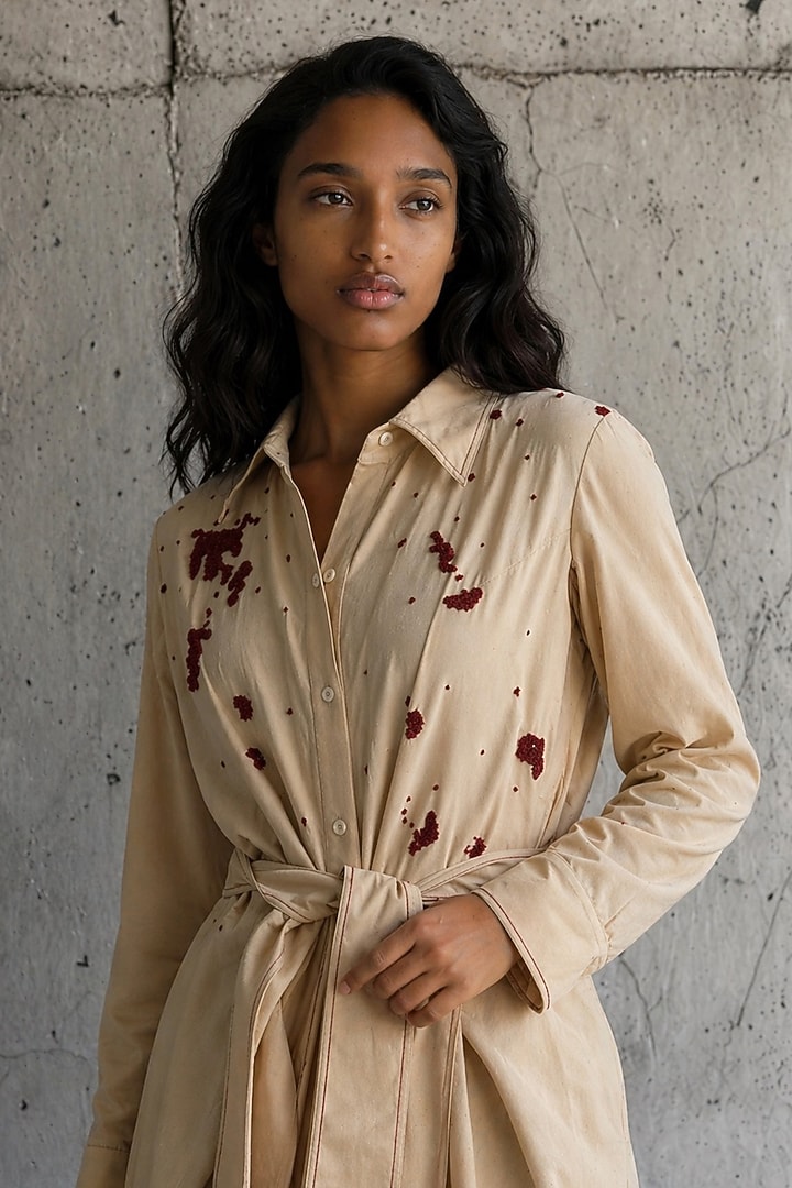 Beige Chanderi Hand Embroidered Draped Vacation Dress by Vanshika Agarwal Label at Pernia's Pop Up Shop