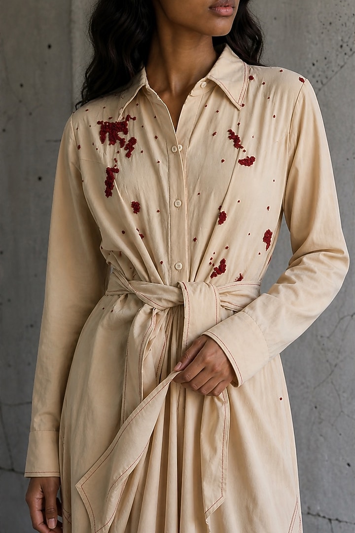Beige Chanderi Hand Embroidered Draped Vacation Dress by Vanshika Agarwal Label at Pernia's Pop Up Shop