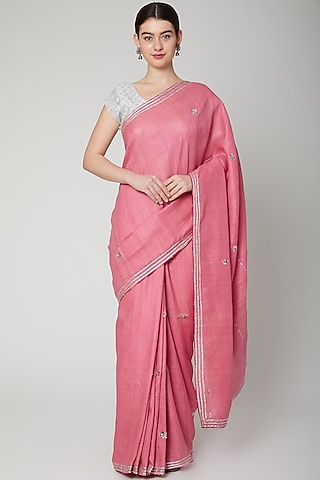 Pink Matka Silk Mukaish Embroidered Handwoven Saree Set by Varastraa