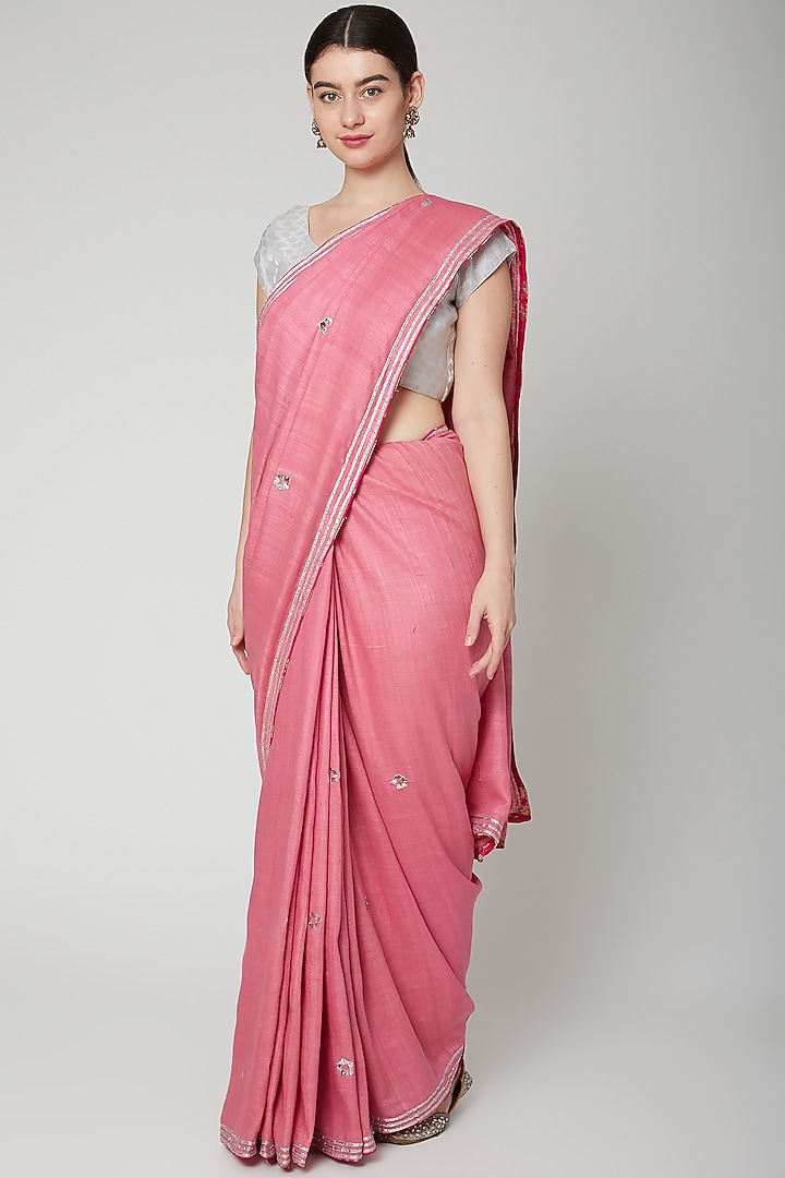 Pink Matka Silk Mukaish Embroidered Handwoven Party Wear Saree Set by Varastraa at Pernia's Pop Up Shop