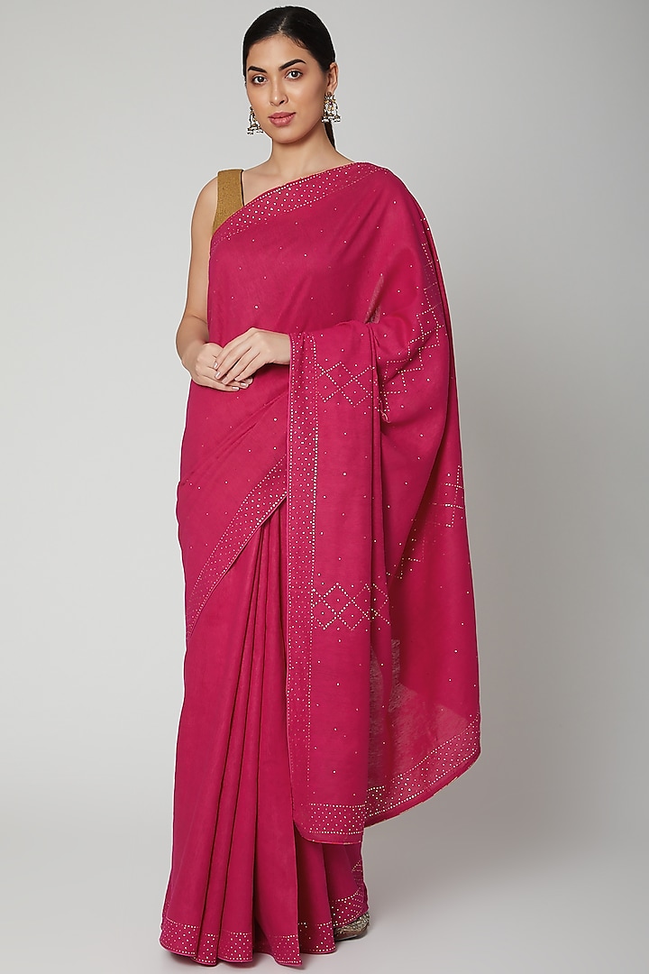 Rani Pink Mukaish Embroidered Saree Set by Varastraa