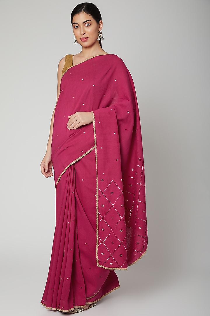 Purple Matka Silk Mukaish Embroidered Handwoven Saree Set by Varastraa