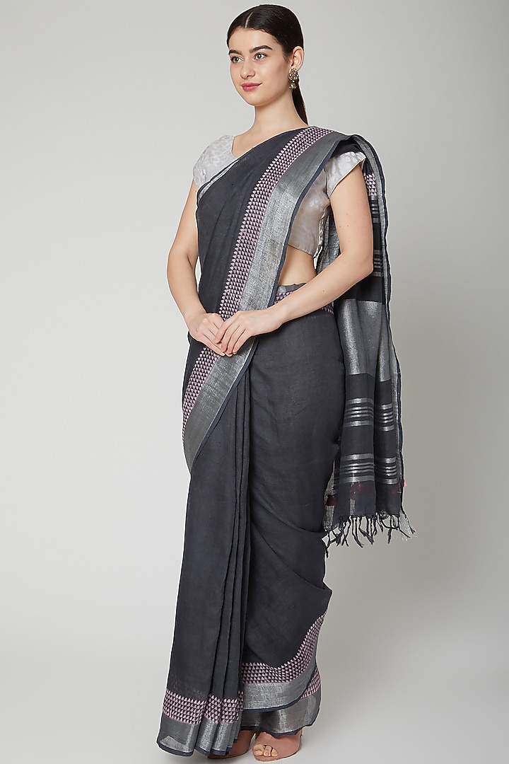 Charcoal Grey Linen Printed Handwoven Party Wear Saree Set by Varastraa at Pernia's Pop Up Shop