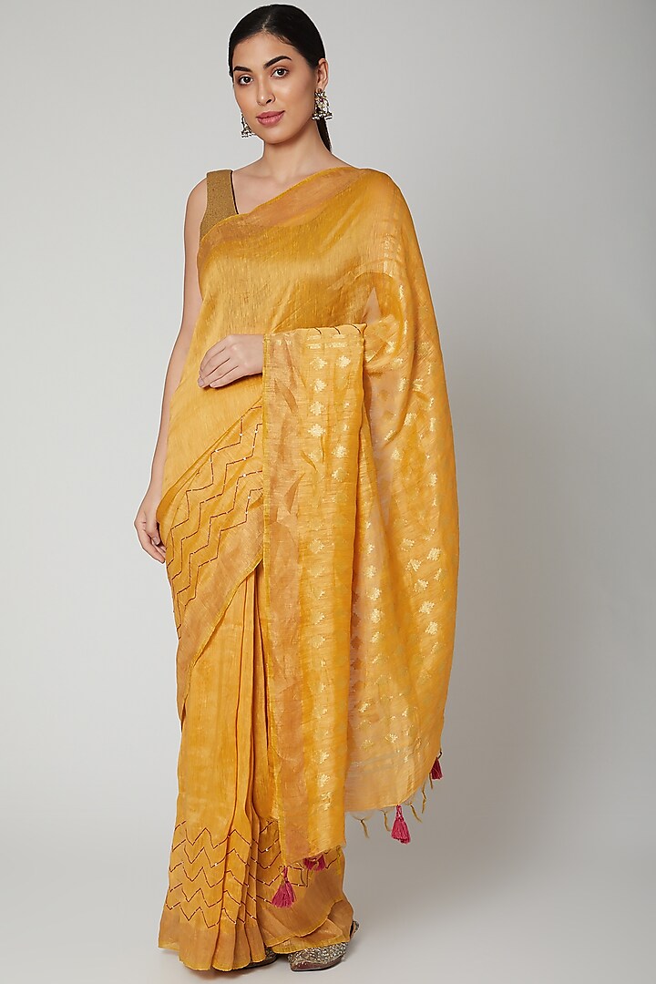 Yellow Sequins Embroidered Saree Set by Varastraa