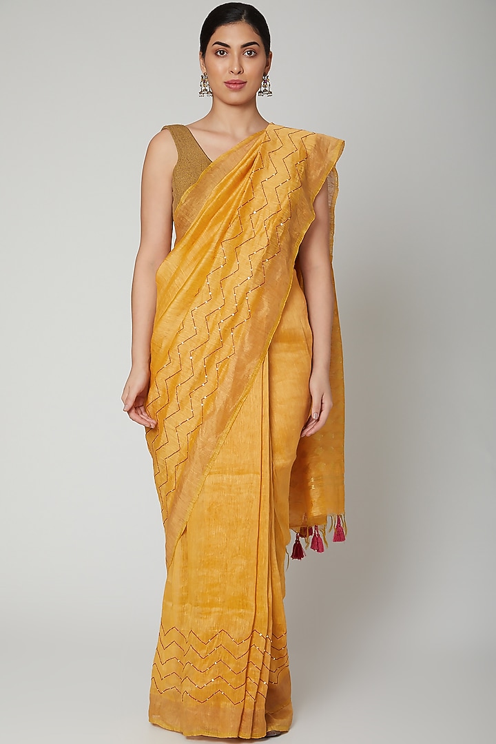Yellow Linen Sequins Embroidered Party Wear Saree Set by Varastraa at Pernia's Pop Up Shop