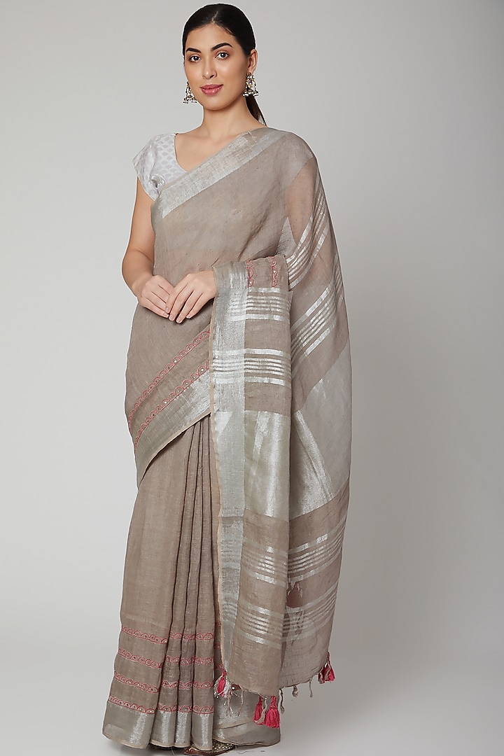 Beige Linen Sequins Embroidered Saree Set by Varastraa