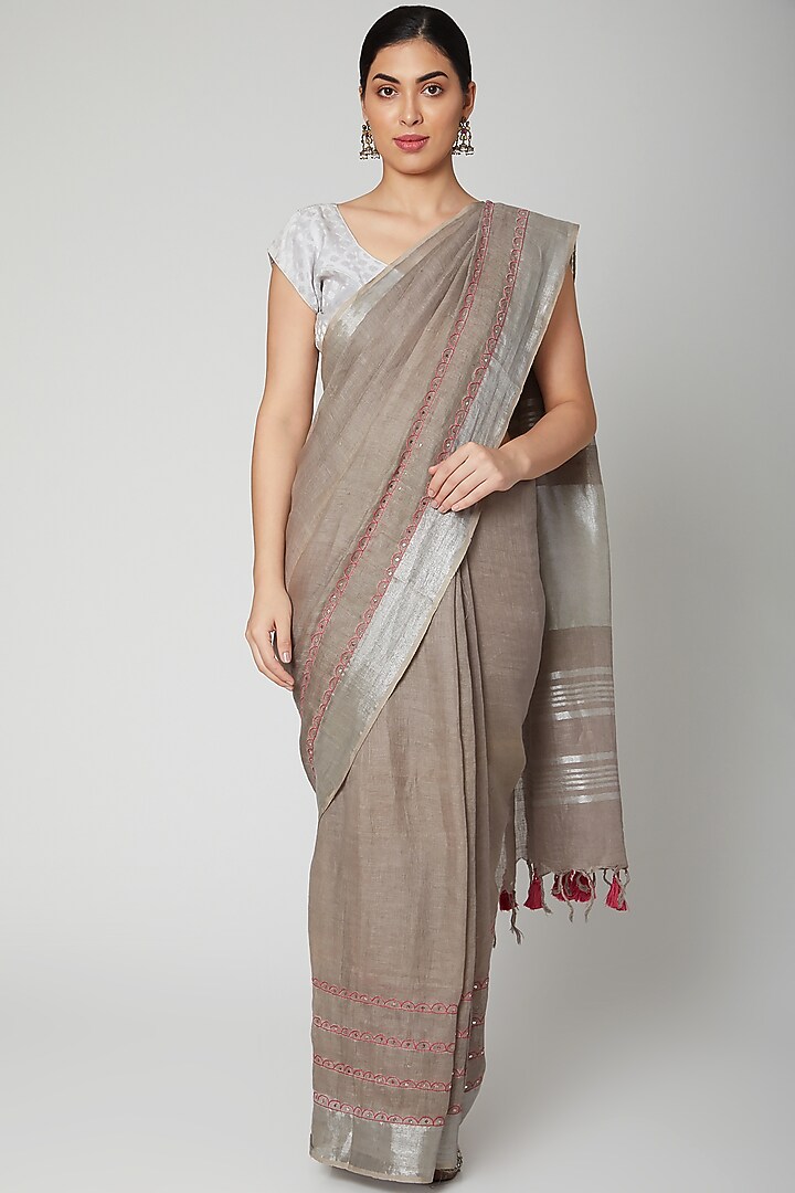 Beige Linen Sequins Embroidered Party Wear Saree Set by Varastraa at Pernia's Pop Up Shop