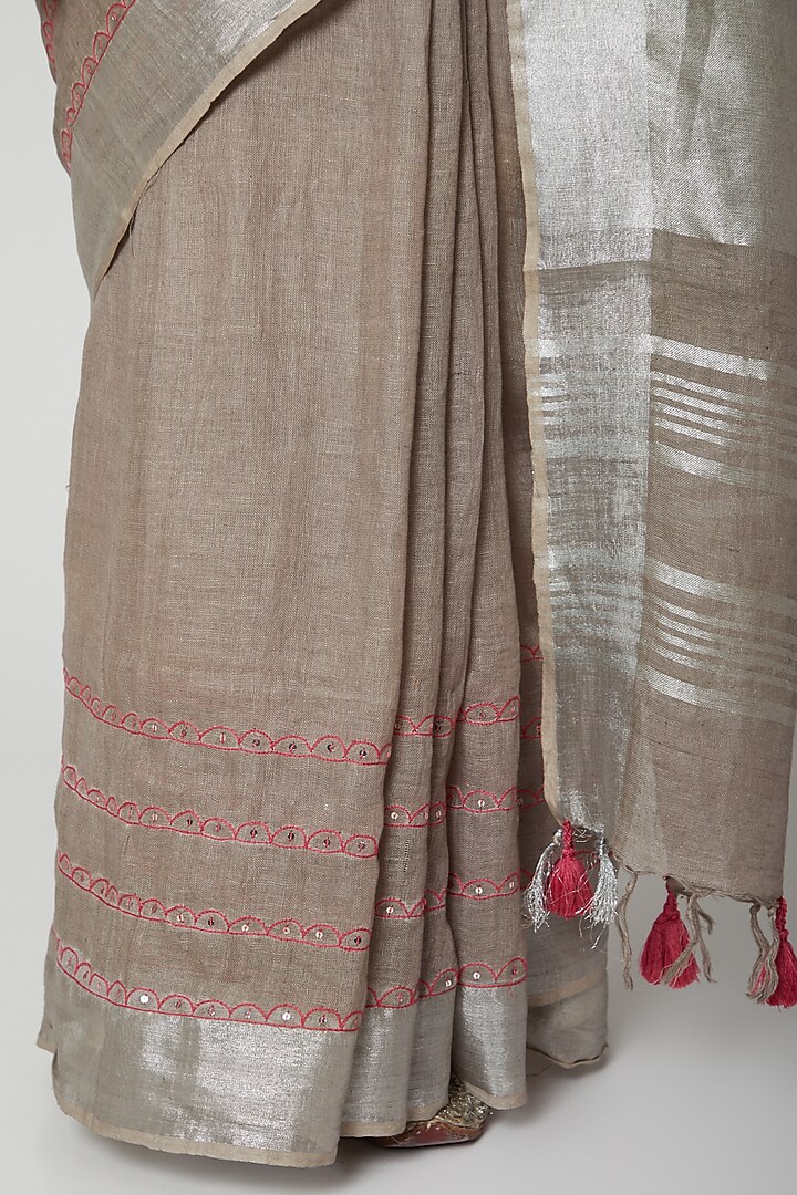 Beige Linen Sequins Embroidered Party Wear Saree Set by Varastraa at Pernia's Pop Up Shop