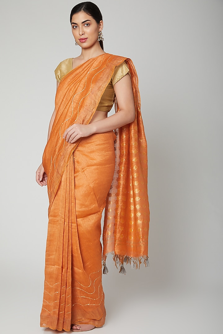 Orange Linen Silk Zardosi Embroidered Party Wear Saree Set by Varastraa at Pernia's Pop Up Shop