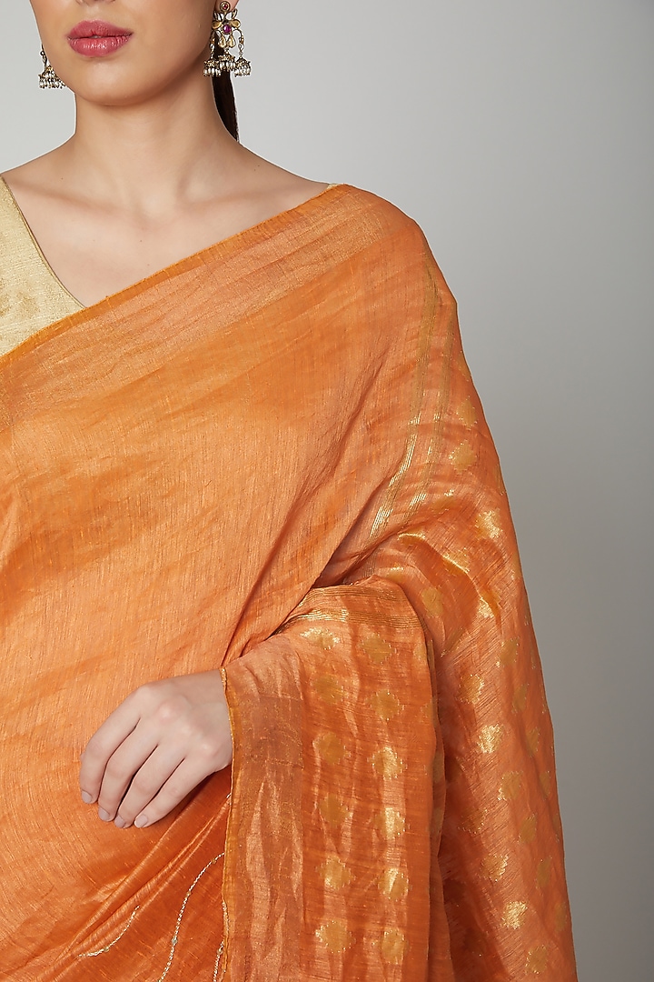 Orange Linen Silk Zardosi Embroidered Party Wear Saree Set by Varastraa at Pernia's Pop Up Shop