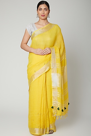 Yellow Linen Sequins Embroidered Saree Set by Varastraa