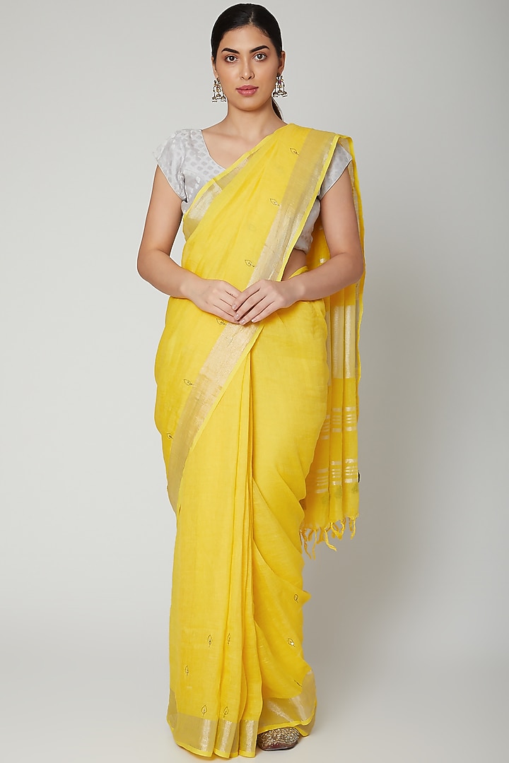 Yellow Linen Sequins Embroidered Party Wear Saree Set by Varastraa at Pernia's Pop Up Shop