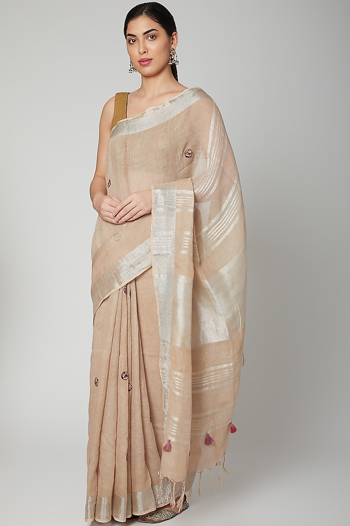 Beige Linen Applique Embroidered Saree Set by Varastraa