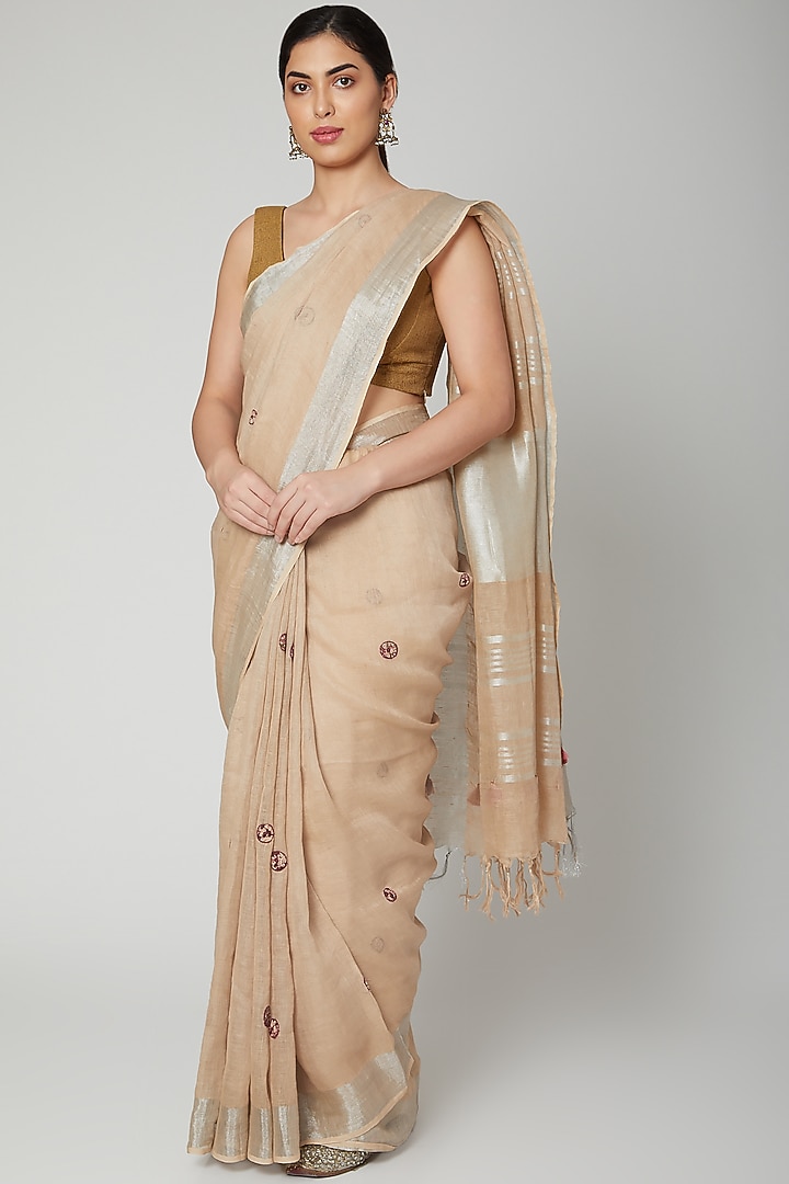 Beige Linen Applique Embroidered Party Wear Saree Set by Varastraa at Pernia's Pop Up Shop