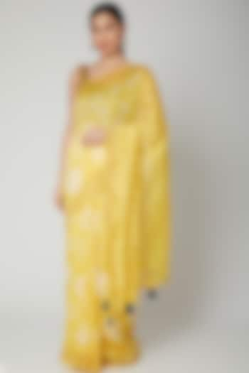 Yellow Linen Silk Tie-Dye Printed Handwoven Saree Set by Varastraa at Pernia's Pop Up Shop