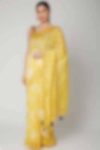 Yellow Linen Silk Tie-Dye Printed Handwoven Saree Set by Varastraa