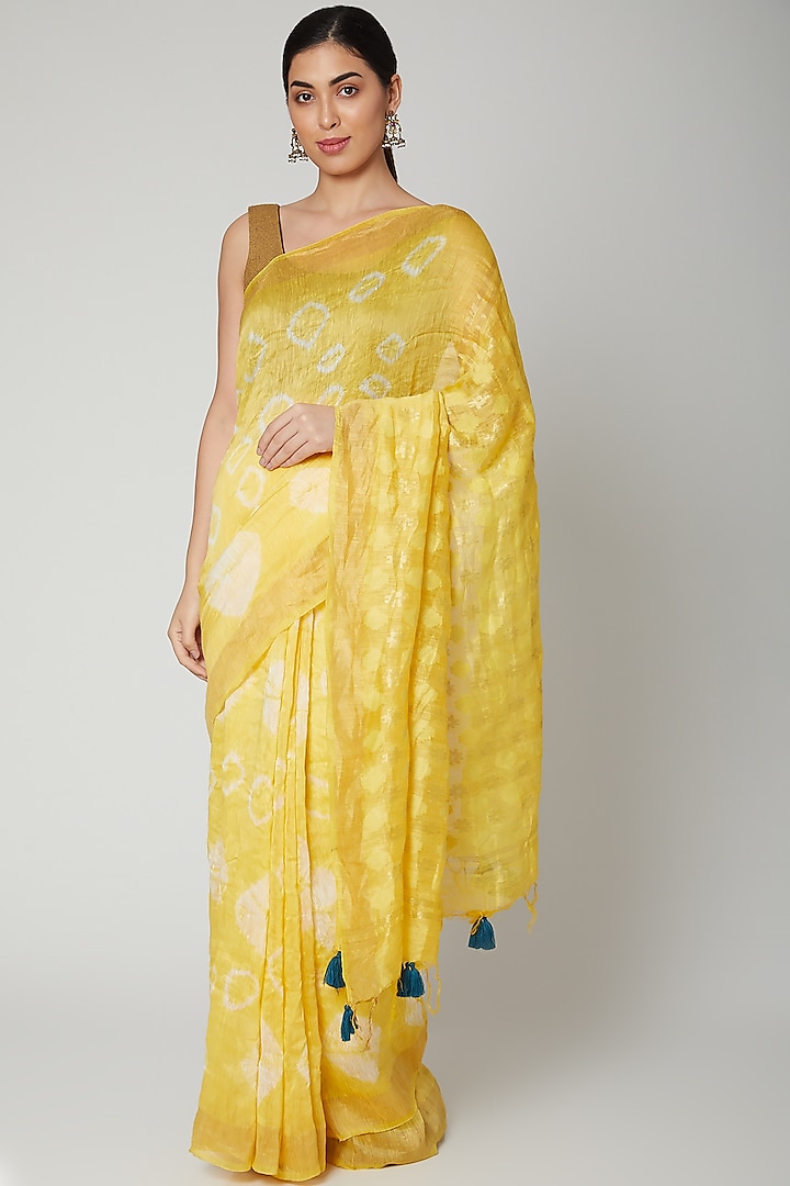 Yellow Linen Silk Tie-Dye Printed Handwoven Saree Set by Varastraa