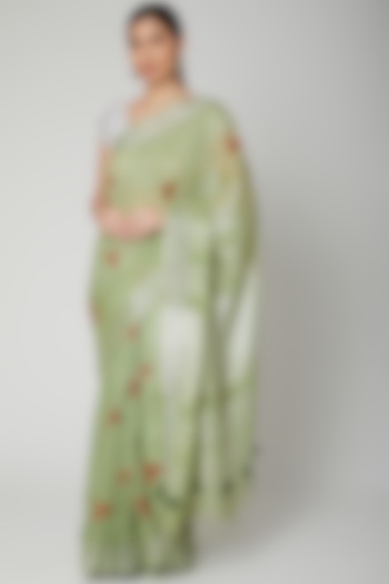 Sea Green Linen Applique Embroidered Saree Set by Varastraa